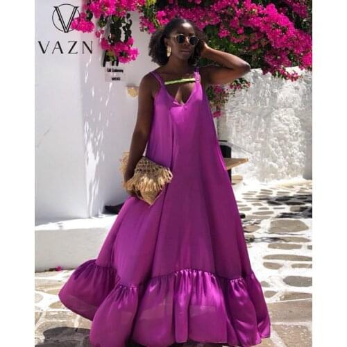 VAZN 2021 High-end Solid Plus Size Chiffon Holiday Free Young Sexy Loose Spaghetti Strap Sleeveless Joker Womens Maxi Dress