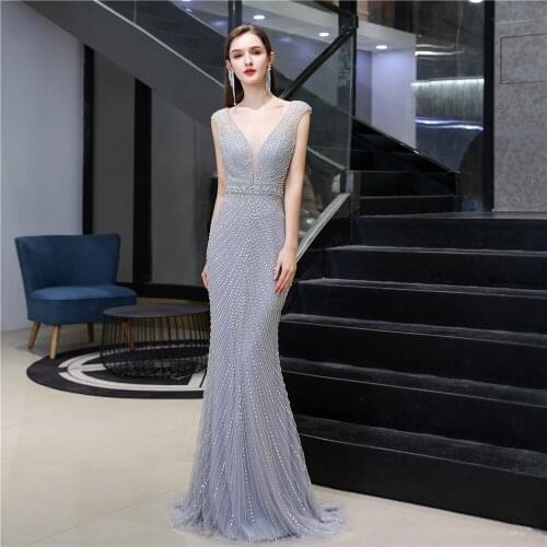 Deep V Neck Prom Gown Luxury Cap Sleeve Lace Beads Mermaid Evening Dress