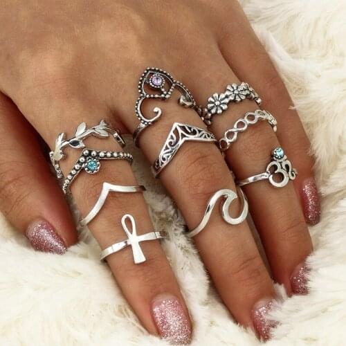 Vintage Knuckle Ring Set For Women Crystal Hollow Flower Ancient Silver Color Rings Wavy Shape Crown Middle Finger Jewelry Men