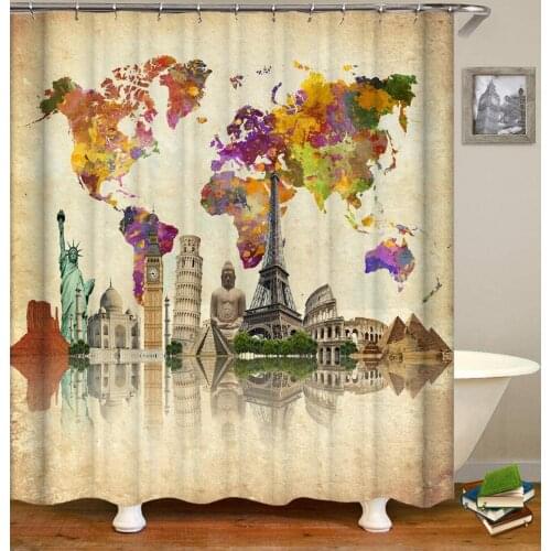 Vintage nostalgique Fond Jaune sur la Carte du Monde coloré Statue de la Liberté Pyramide Bouddha HD Facile à Effacer Le Rideau