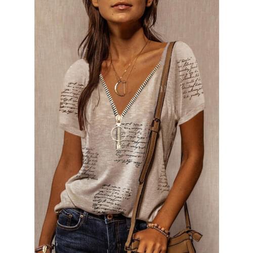 Women T-Shirt Fashion Urban Leisure New Loose Zipper Pullover V-Neck Printing Irregular Stitching Short-Sleeved Top 2021 Summer