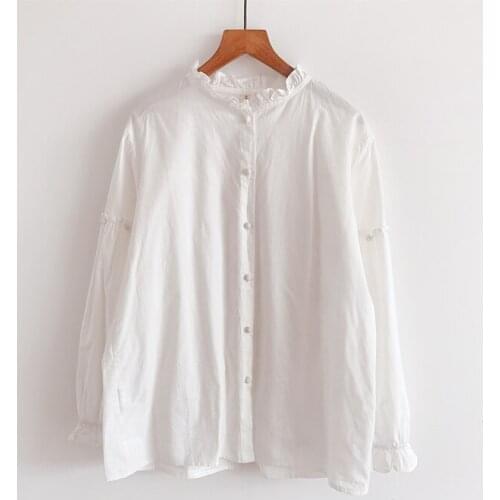 2020 New Autumn Women Blouse Korean Style Cotton Stand Collar Loose White Long Sleeve Shirt Casual Pullover Tops