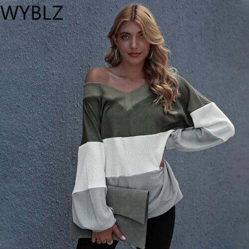 WYBLZ 2021 Spring and Autumn New Womens T-shirt Stitching Strapless Sexy Loose Slash Neck Flared Sleeve Long Sleeve Tops S-XL