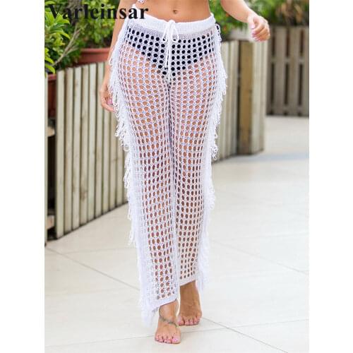 Women Summer Beach Knitted Hollow Out Pants See Through Crochet Stright Pant Hollow Out Fishnet Wide Leg Trousers Tassel V2653