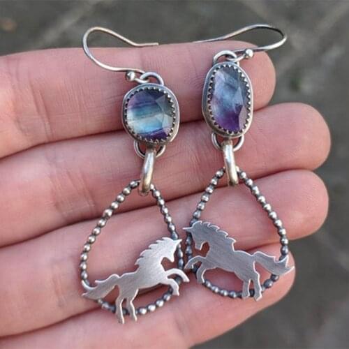 Vintage Bronze Color Little Horse Pendant Drop Earrings Irregular Blue Stone Dangle Earrings for Women Punk Party Jewelry A4D360