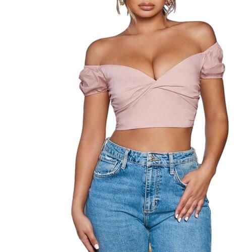 Womens Summer Strapless Crop Tops Short Sleeve Off Shoulder Pleated Chest Solid Color T-shirt for Female