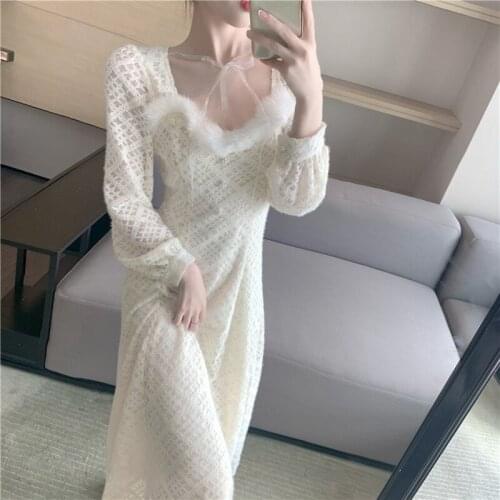 Dress In Winter 2021 New Spring Lace Long Style Square Collar Thick Warm Dresses French Retro Long Sleeve Dress