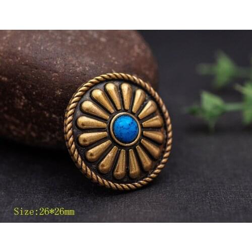10pc 26X26MM Beauty Tribal Blue Turquoise Antique Brass Bohemian Flower Leathercraft Conchos