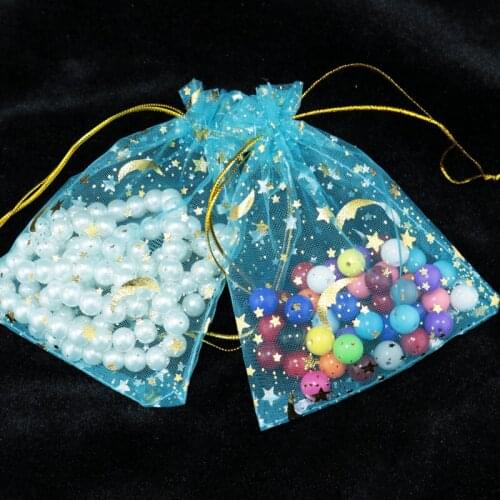 100pcs 9x12cm Drawable Organza Bags Star Moon Lake Blue color Wedding Christmas Gift Bag Jewelry Packaging Bags Pouches