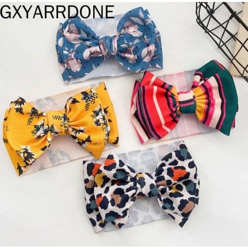 30pc/lot 2021 New Large Knot Hair Bow Headband For Girls Baby Floral Prints Waffle Fabric Bow Headbands Kids Adjustable Turban