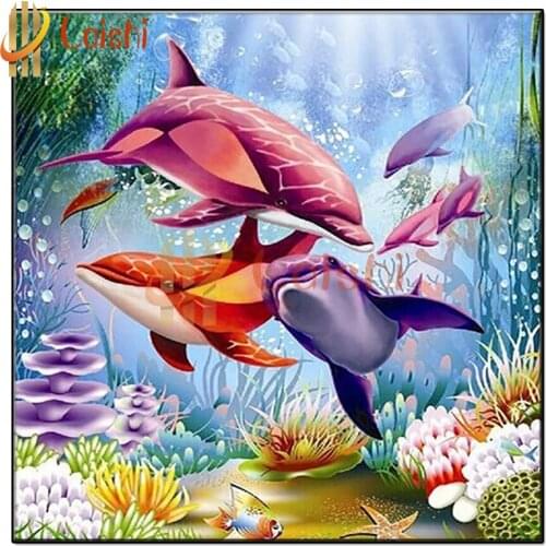 DIY Diamond Painting Underwater animal landscape, pink dolphin cross stitch full square/round diamond embroidery mosaic painting