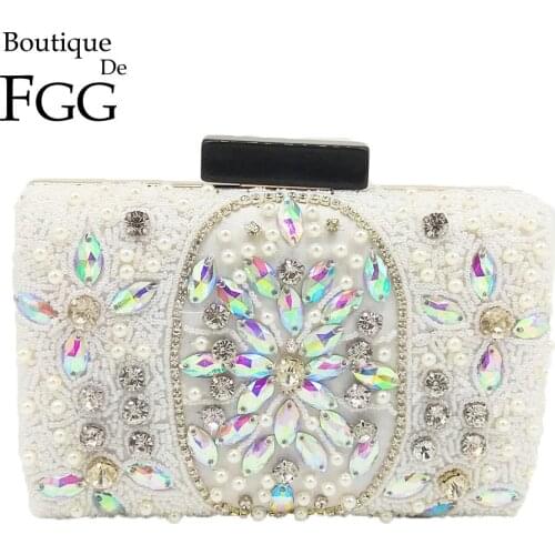 Boutique De FGG Elegant White Women Beaded Evening Bag Acrylic Clasp Ladies Formal Dinner Clutch Purse Wedding Bridal Handbag