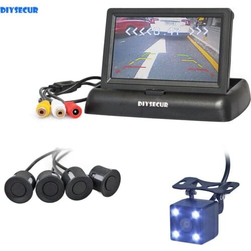 DIYSECUR 4 x Sensors 4.3" Foldable Rear View Car Monitor Kit + Parking Radar + Rear View Car Camera Video Parking Radar