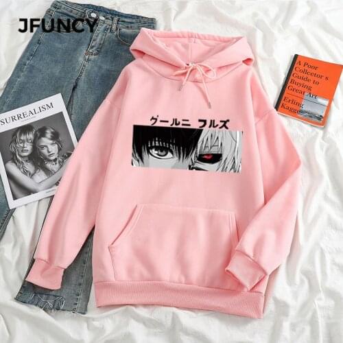 JFUNCY Oversized Hoodies Women Sweatshirt Japan Anime Tokyo Ghoul Kaneki Ken Eyes Print Pullovers Loose Hip Hop Punk Streetwear
