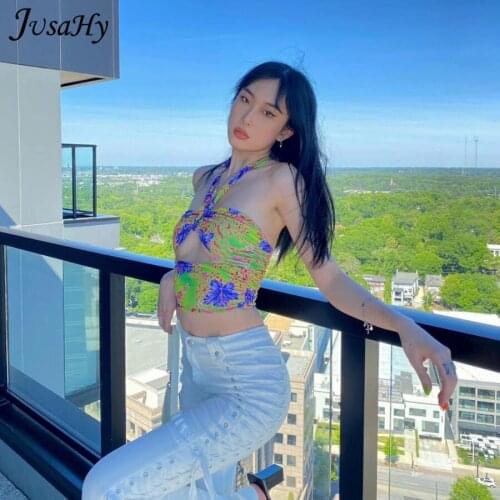 JusaHy Printing Gothic Halter Type Tank Top Women Fashion Sexy Hollow Out Backless Beach Style Birthday Partywear Summer 2021