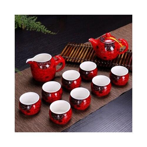Chinese wedding dowry red marry celebration new tea cup suit pot tea set kettle kung fu ceramic teapot tray teaset gift