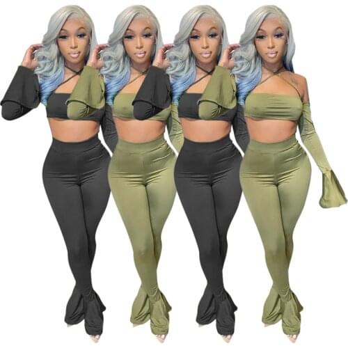 Two Pieces Sexy Women Sets Night Club Wear Strapless Flare Sleeve Halter Bra High Waist Bodycon Bell Bottoms Casual Tracksuits