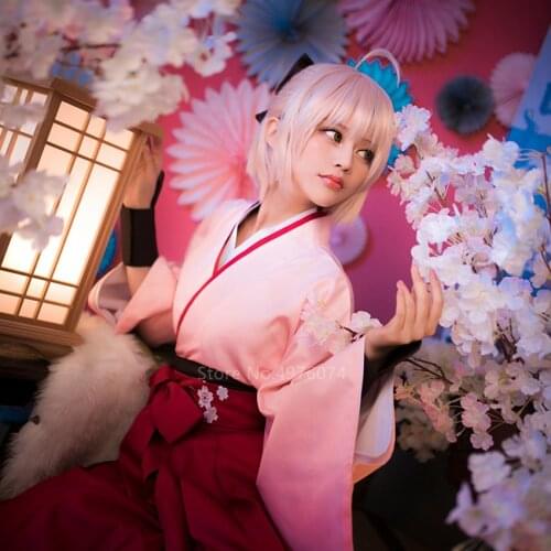 Japanese Style Cosplay Costume for Women Traditional Pink Solid Kimono Sakura Embroidery Anime Saber Cosplay pants with Wig