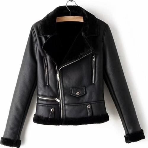 ZXQJ fashion women faux lamb wool fur leather jacket winter lady black thick jackets female zipper suits chic girls outerwear