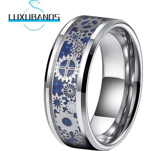 8MM Women Mens Tungsten Wedding Rings Beveled Edges Blue Carbon-Fiber Gears Inlay Polished Finished Comfort Fit