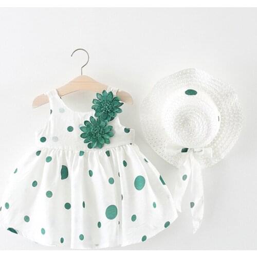 Baby Girl Dress 2019 Summer New First Birthday Dress For Girl Baby 2 Flower Hats Princess Dress Fashion Big Dot Sleeveless Dress