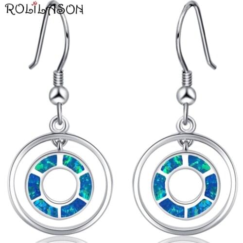 ROLILASON Double circle shape gift 925 Silver stamped blue fire opal Drop Earrings fashion Jewelry OE770
