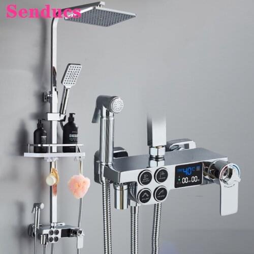 Senducs Thermostatic Bathroom Shower Set with 12 Inch ABS Shower Head Quality Brass Bathroom Faucets Chrome Digital Shower Set