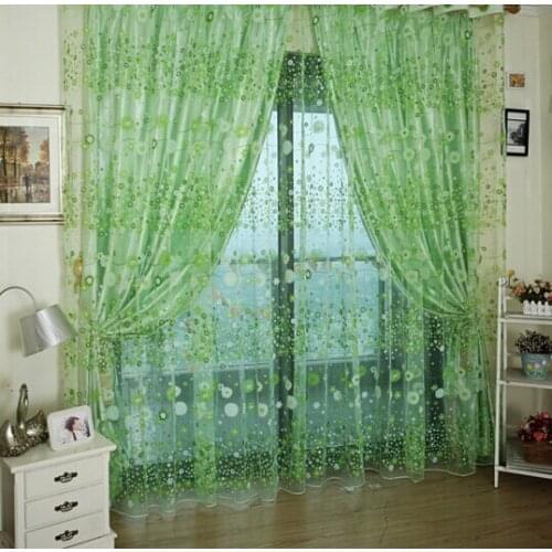 Flower design fininshed rustic organza tulle Beautiful Sheer Curtains Window Cortinas for Room, green pink