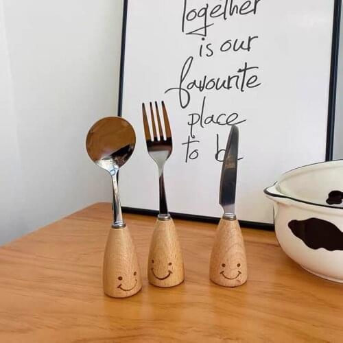 Stainless Steel Cutlery Fork Spoon Korean Style Contracted Lovely Creative Smiling Face Wooden Handle Dessert Western Style