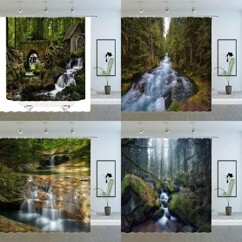 Natural Scenery Shower Curtains Forest Waterfall River Big Tree Plant Landscape Bathroom Decor Polyester Cloth Hanging Curtain