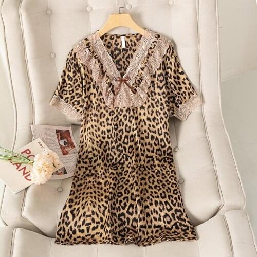 Leopard Nightgown For Women Satin Sleepwear Casual Sleep Dress Home Dressing Gown Summer New Kimono Bathrobe Gown Lingerie