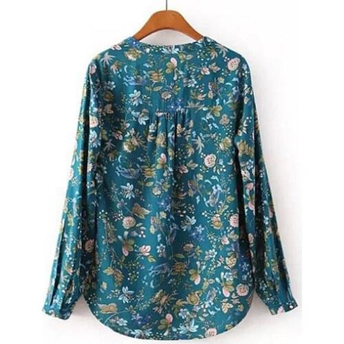 Women Casual Long Sleeve V-neck Floral Print Shirt Chiffon Blouse Irregular Top