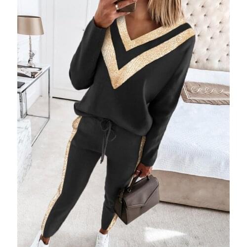 Womens Bead Splicing Elegant Two-Pieces Suit Sets Female Sweatshirt And Long Pants Two Piece Sets Womens Tracksuit