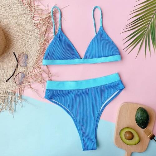 Sexy High Waist Bikini Women Sky Blue Patchwork Striped Push Up Bandage Swimsuit Bathing Suit Bikini Set Swimwear Biquini