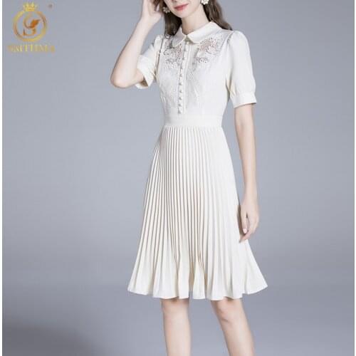 SMTHMA Vintage Turn-down Collar Summer Dresses Woman Elegant Embroidery Lace Hollow Out Runway Dress Woman Clothes