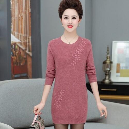 Women 100% Wool Sweater Dress Elegant Floral Cashmere Sweater Ladies Embroidery Knit Dress Pullover Long Sweaters