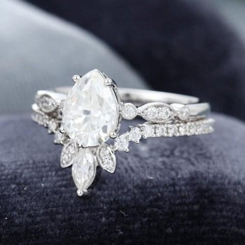 EDI Curved White Gold Marquise Cut Diamond Stacking Matching Ring Band Bridal Set 14k Pear Shape Moissanites Engagement Ring