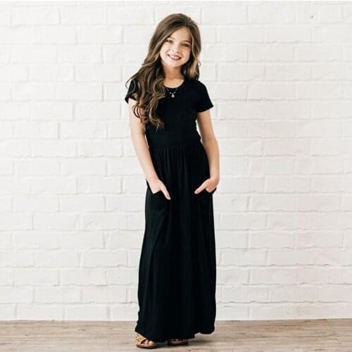 Short-sleeve Baby Kids Dresses for Girls Solid Color Pocket Long Dress Princess Wedding Party Childrens Clothing