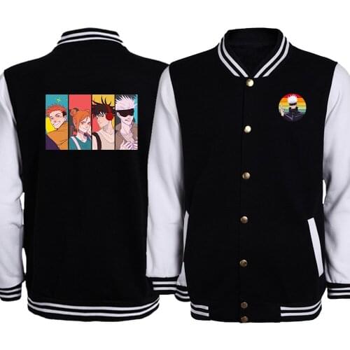 Cartoon Gojo Satoru Print Baseball Jackets For Men Japan Anime Jujutsu Kaisen Coats Jackets High Quality Harajuku Mens Clothing