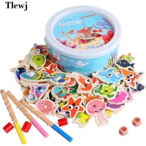 60pcs Wooden Magnetic Kids Fishing Toy Set Montessori Educational Outdoor Game For Children Baby Girl Boys 2 to 4 Years Old Gift