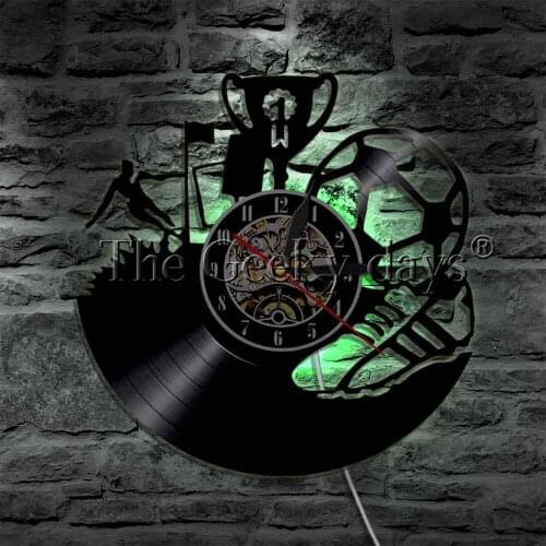 Soccer Team Champion Trophy Vinyl Record Wall Clock With LED illumination Football Sport Soccer Shoes Decorative Lighting