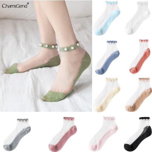 Women Mesh Socks 2021 New Fashion Pearl Bead Transparent Sox Girl Nylon Stretch Ankle Socks Net Thin Cool Breathable Short Socks