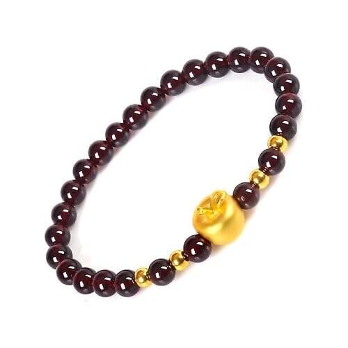 New Pure 999 24K Yellow Gold Red Garnet Women 3D Apple Bead Bracelet