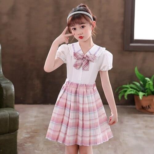 New Girlss Suit Japanese College High Waist A-Line Plaid Pleated Skirt JK Style Sailor Collar Bow Short Shirt For Kids Full Set