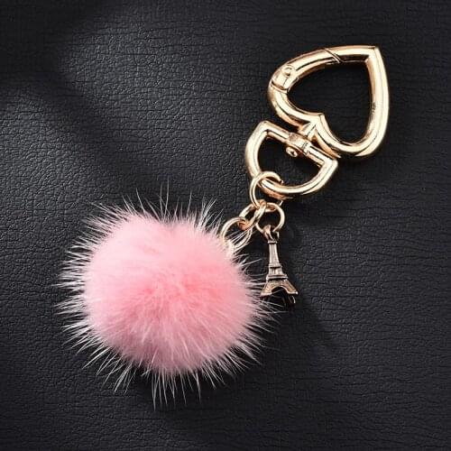 New Personalized Real Mink Fur Key chain with Tower Women Bag Charm Key Ring Valentines Day Gift Women KeyChain Jewelry EH314