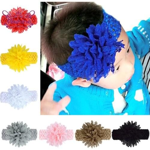 Nishine 6pcs/lot Solid Color Crochet Elastic Headband Handmade Fabric Floral Hairband Chiffon Flower Headwear Baby Accessories