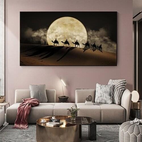 Landscape Canvas Painting Desert Wall Art Posters And Prints Camel in the Desert Canvas Art Moon Night Scene Picture Wall Decor