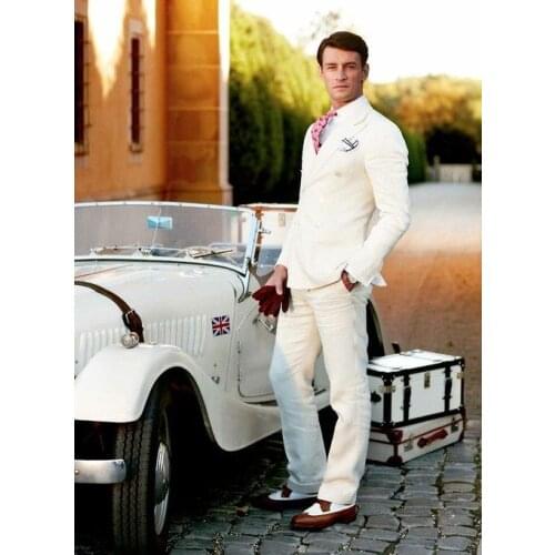 Latest Coat Pant Designs Beige Ivory Linen Men Suit Slim Fit Tuxedo 2 Piece Suits Groom Prom Blazer Terno Masculino Jacket+Pant