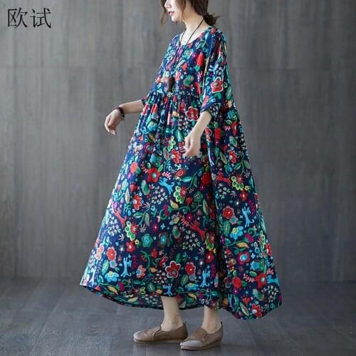 Plus Size Floral Casual Vintage Summer Dress Ladies Dresses for Women 4xl 5xl 6xl 2021 Cotton Oversized Woman Print Long Dress