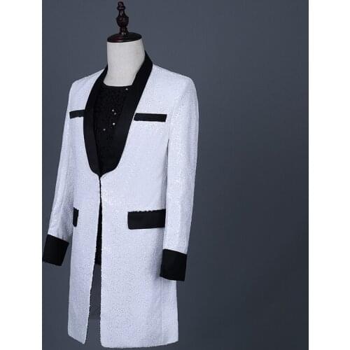 Direct deal Tide White Sequins Long Blazers Mens Slim Coat Tide Male Singer Nightclub Concert Costume Host Suit Jacket Overcoat